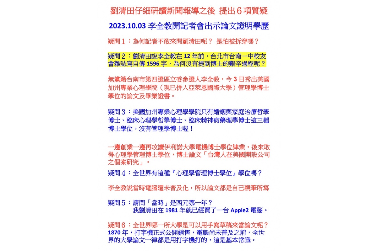 劉清田仔細研讀新聞報導之後 提出六項質疑